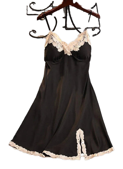 LuckeLadybug LLC black satin suspender nightdress for women with lace detailing and a flared silhouette