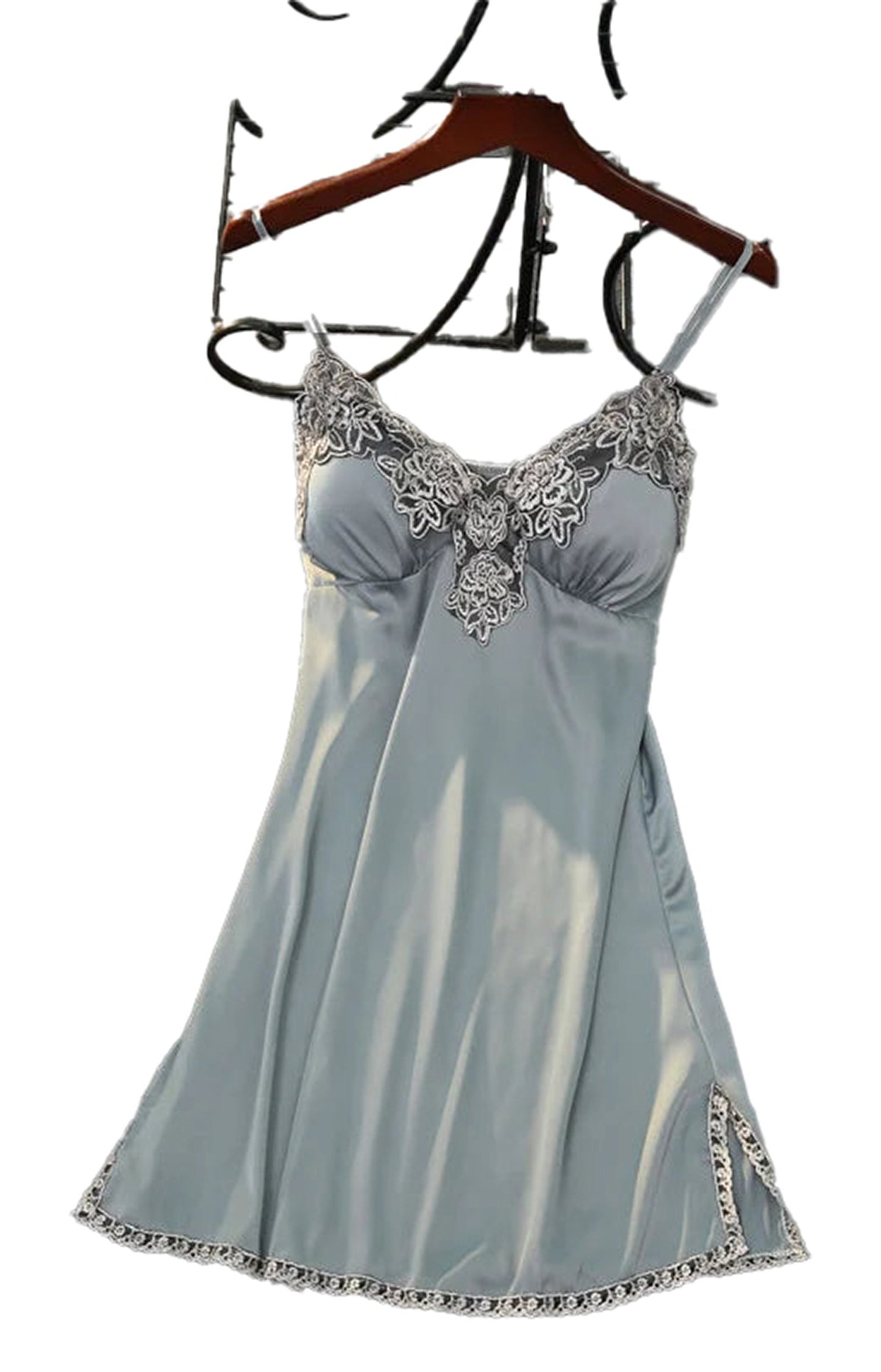 Elegant satin suspender nightdress for women in light blue with lace detailing and adjustable straps