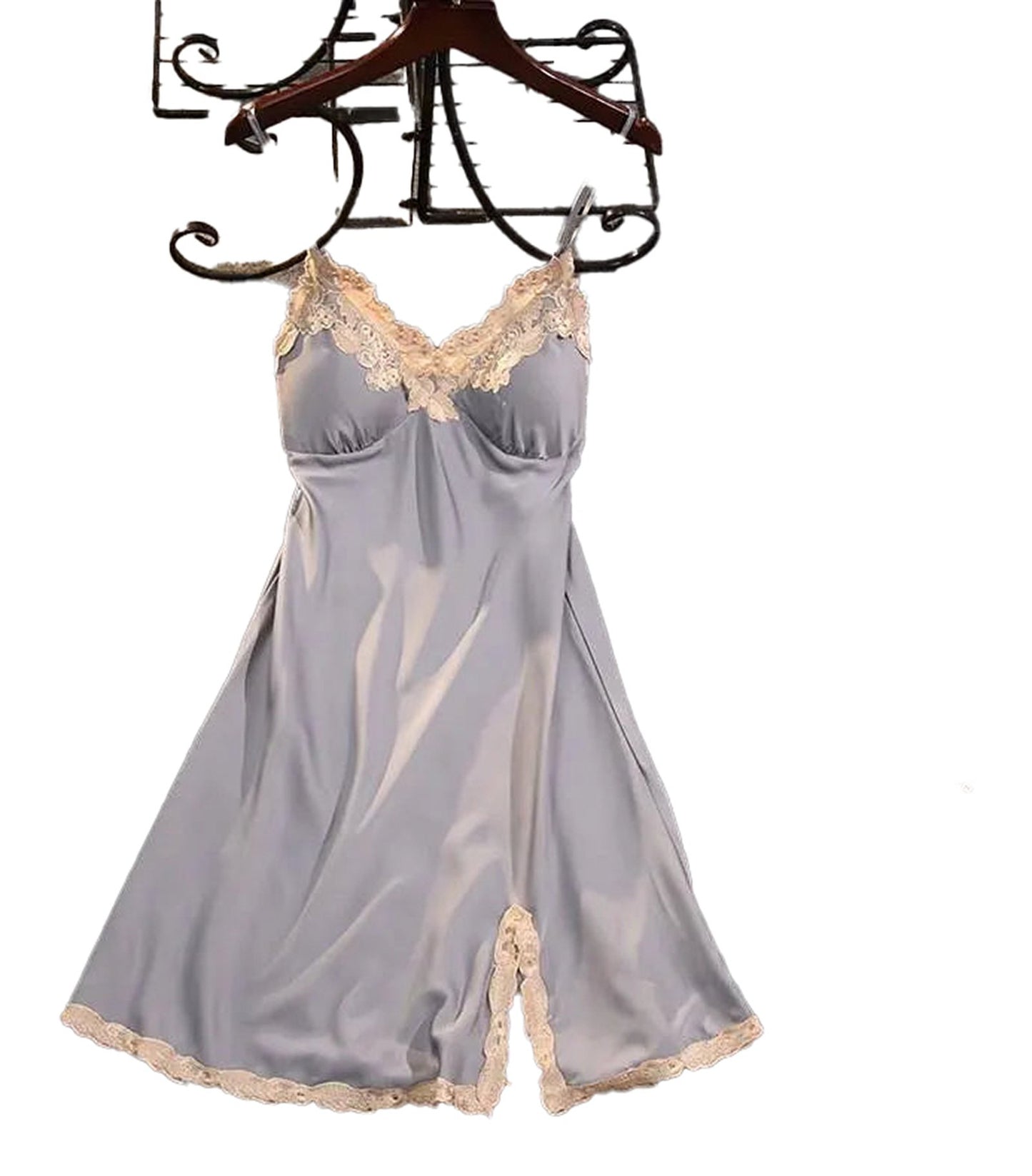 Elegant satin suspender nightdress for women with lace detailing in soft gray color