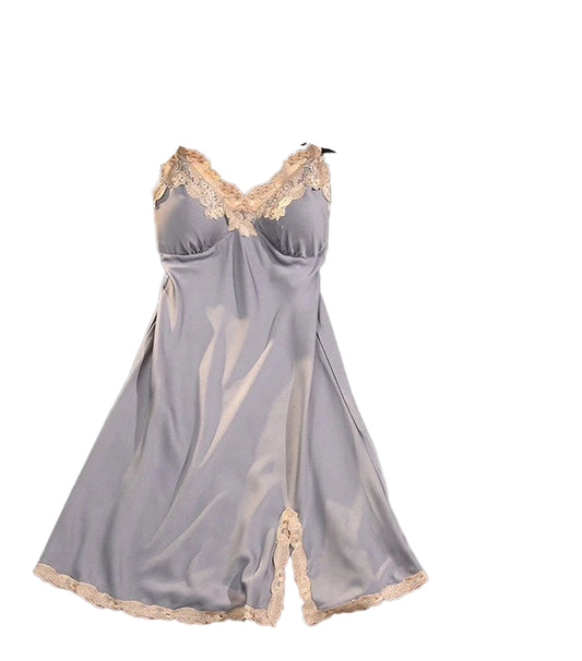 Satin suspender nightdress for women in light gray with delicate lace trim and adjustable straps