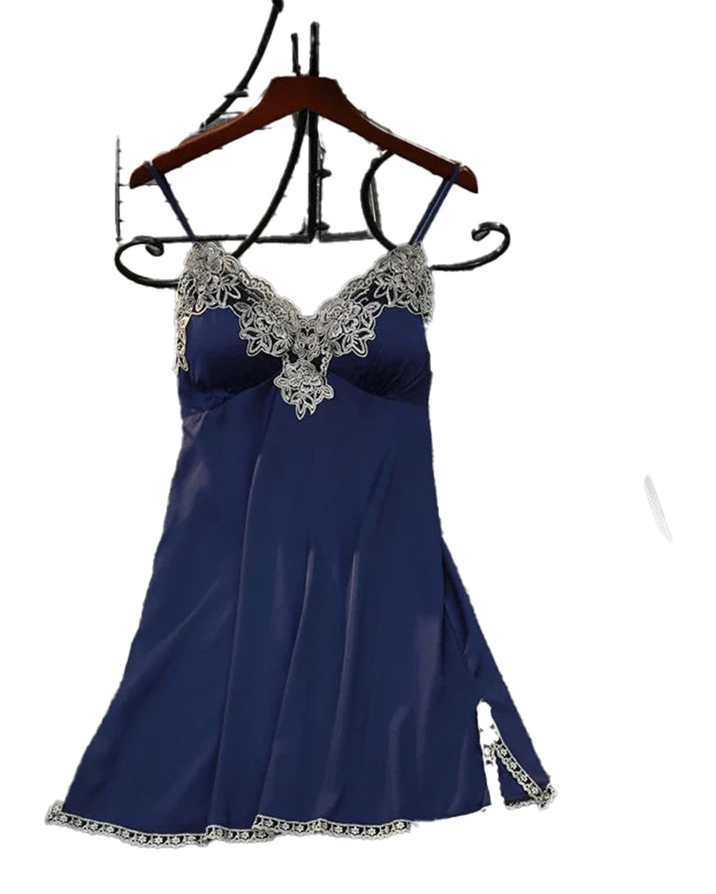 Navy satin suspender nightdress for women with elegant lace trim and adjustable straps