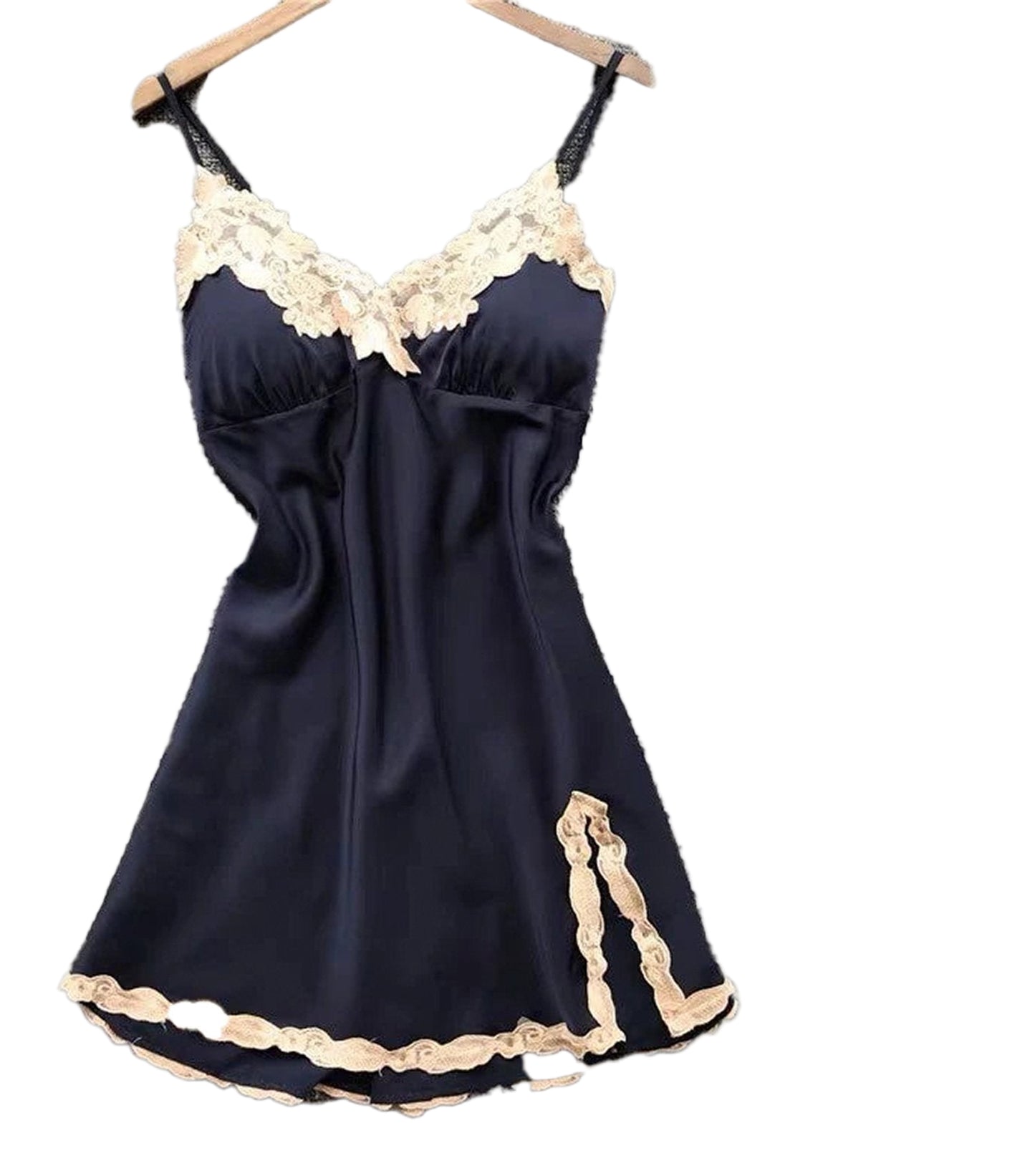 Elegant satin suspender nightdress for women with lace detailing in dark navy color