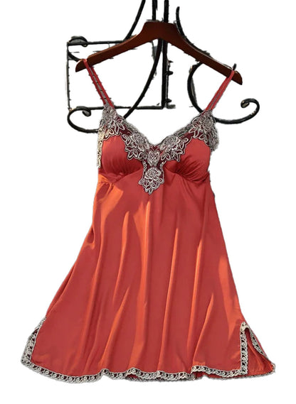 LuckeLadybug satin suspender nightdress for women in coral with lace trim and adjustable straps