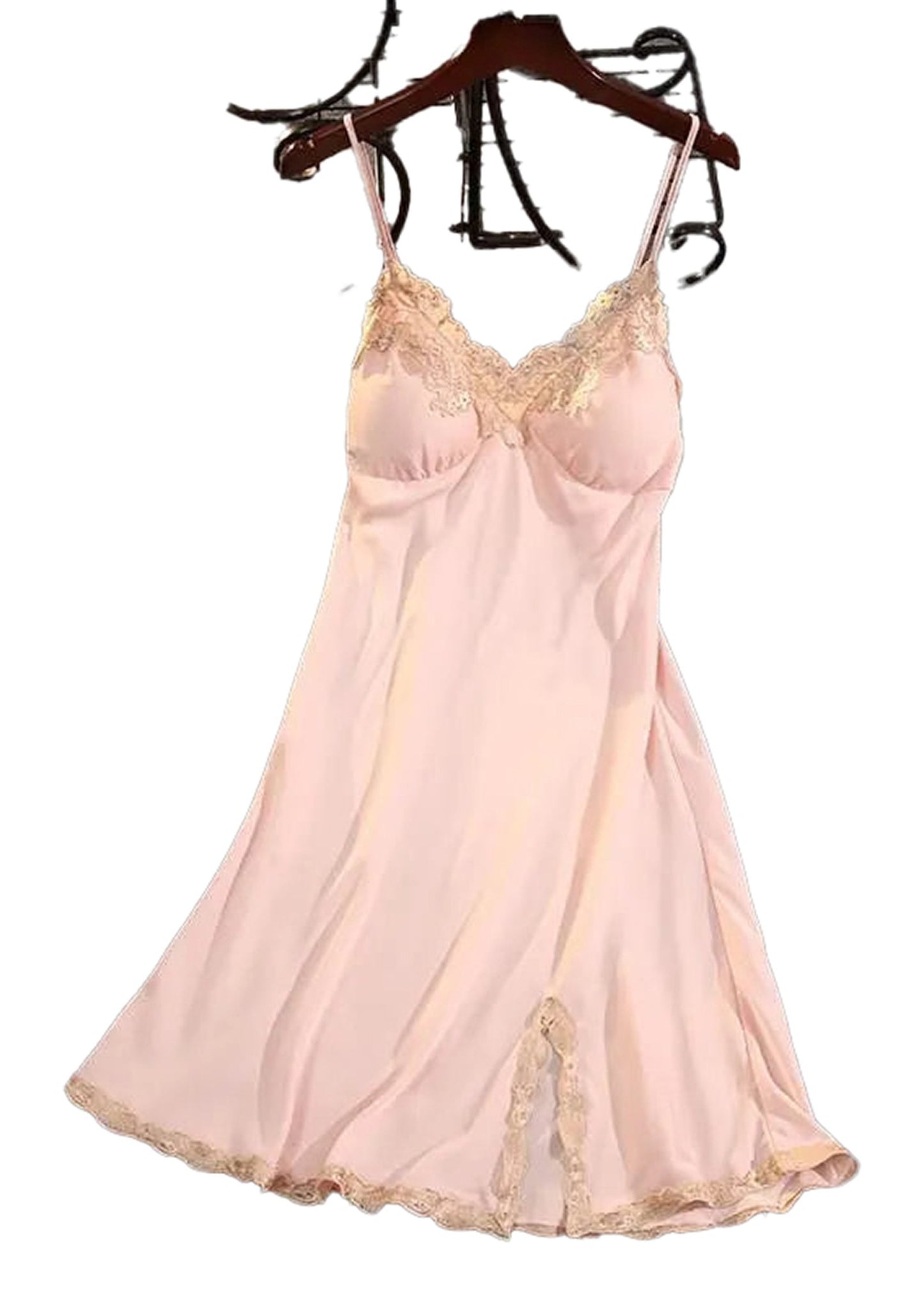 Elegant pink satin suspender nightdress for women with lace accents for a romantic look