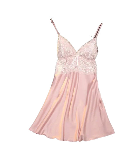 LuckeLadybug LLC satin suspender nightdress for women in soft pink with lace detailing
