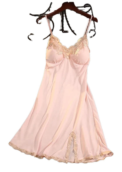 Elegant pink satin suspender nightdress for women with lace trim and adjustable straps