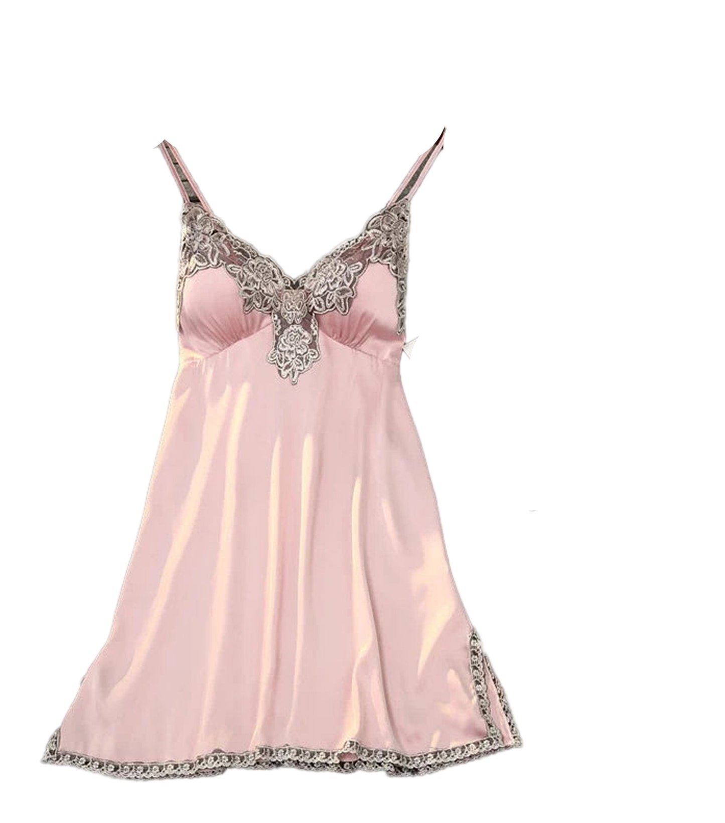 Pink satin suspender nightdress for women with lace detailing and adjustable straps