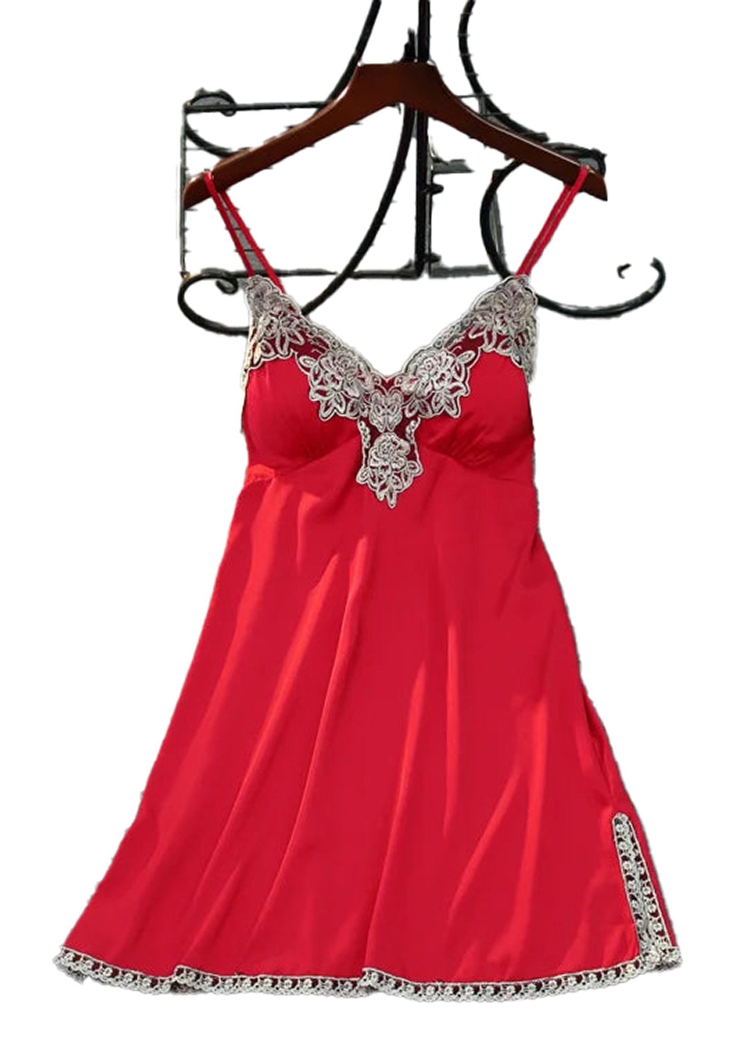 Luxurious red satin suspender nightdress for women with elegant lace detailing and adjustable straps