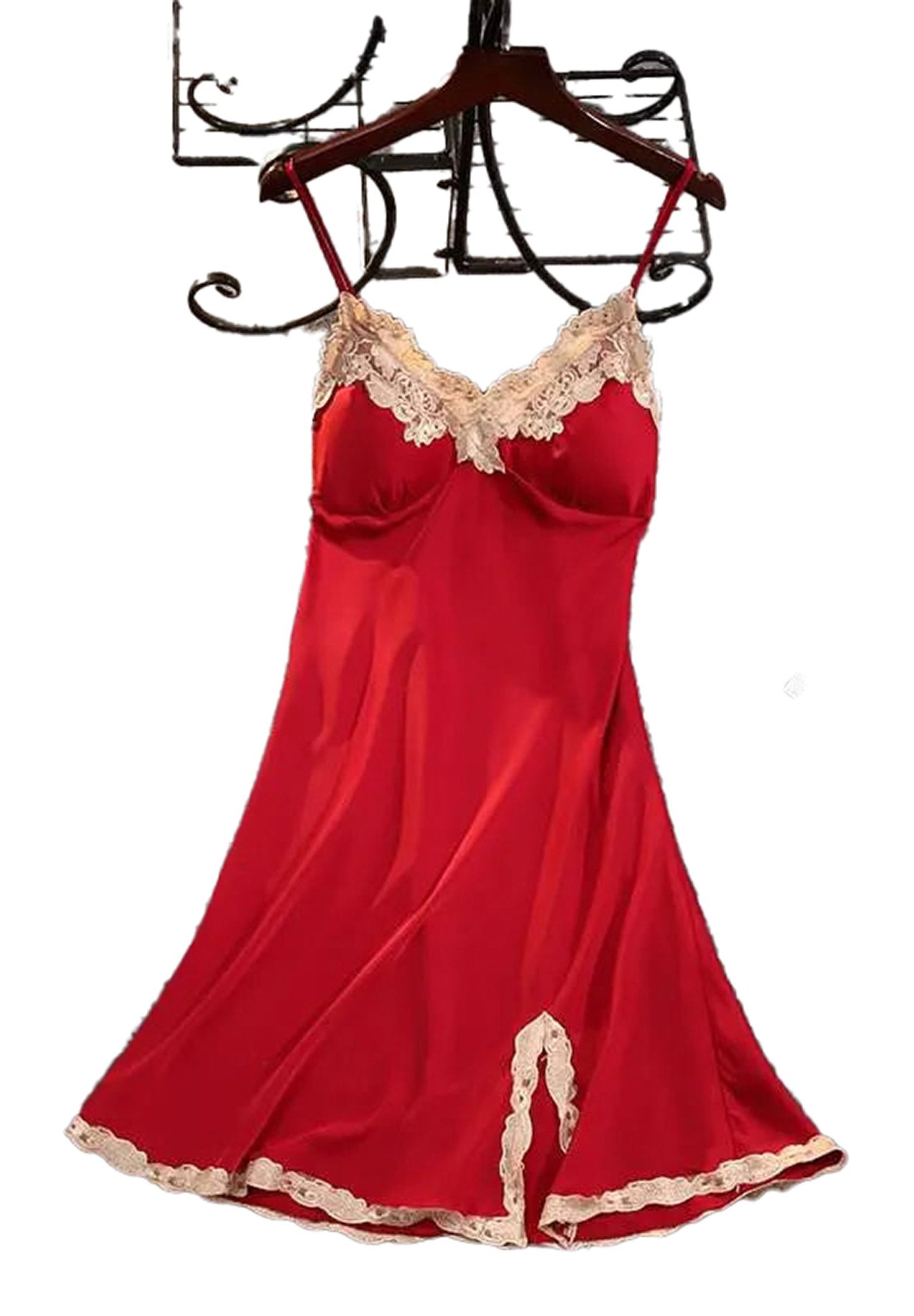Red satin suspender nightdress for women with lace trim and adjustable straps