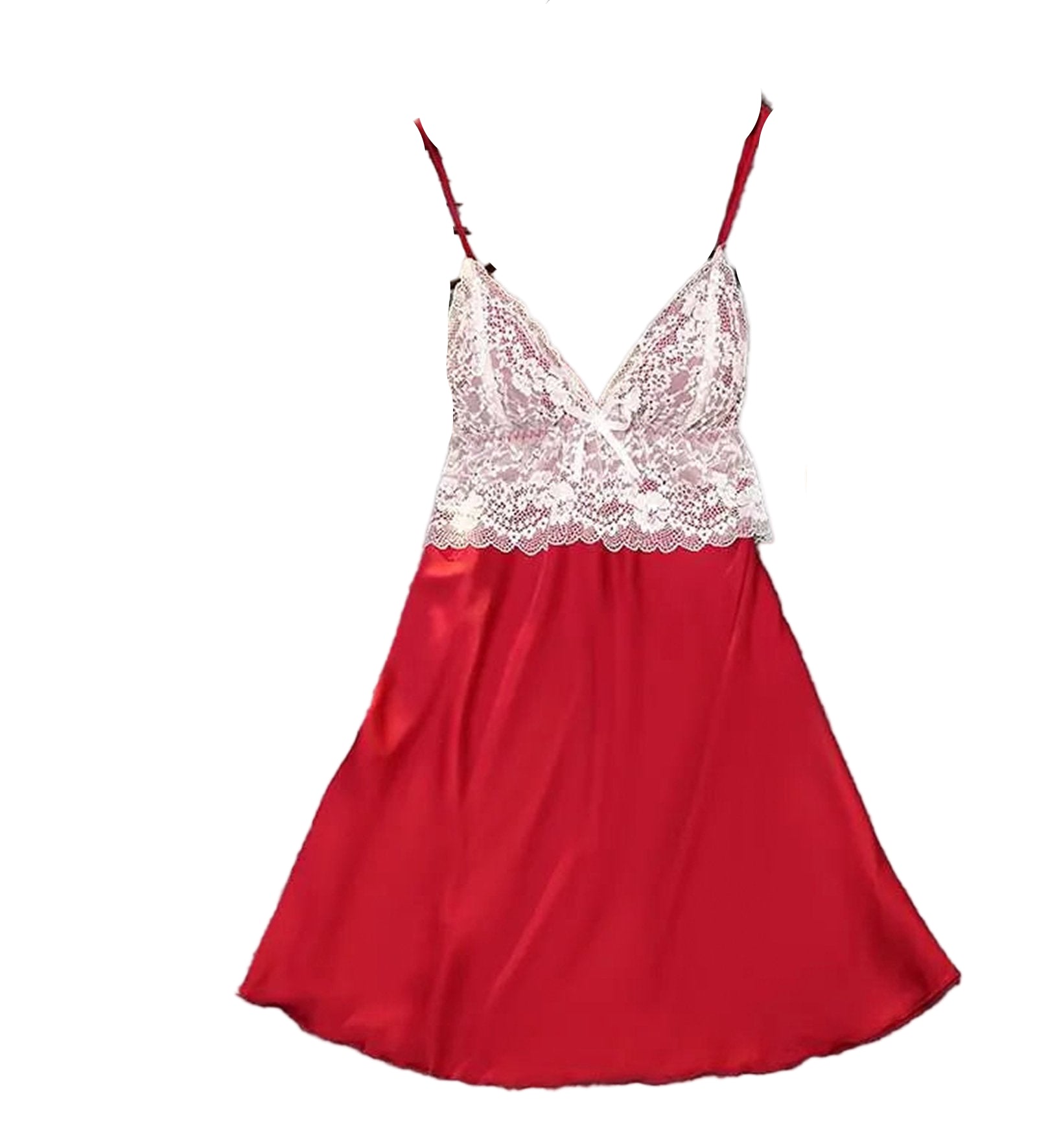 Red satin suspender nightdress for women with lace detailing and adjustable straps