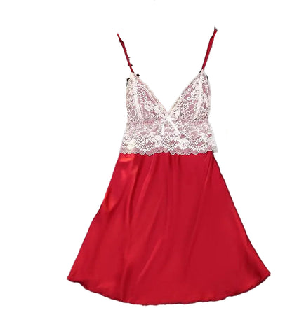 Red satin suspender nightdress for women with lace detailing and adjustable straps