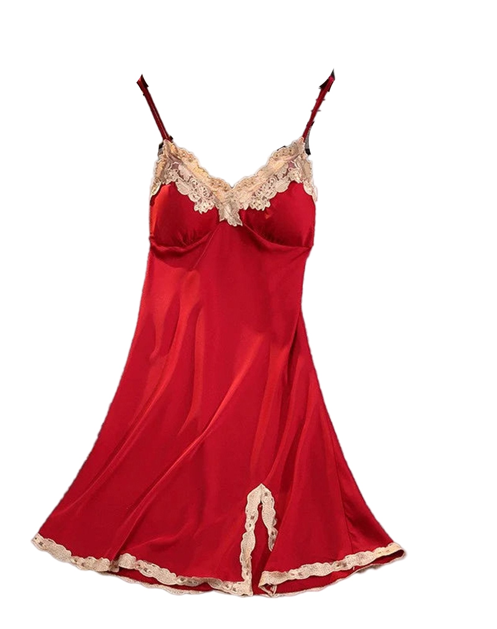 Red satin suspender nightdress for women with delicate lace trim and adjustable straps