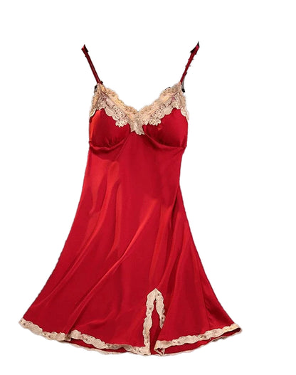 Red satin suspender nightdress for women with delicate lace trim and adjustable straps