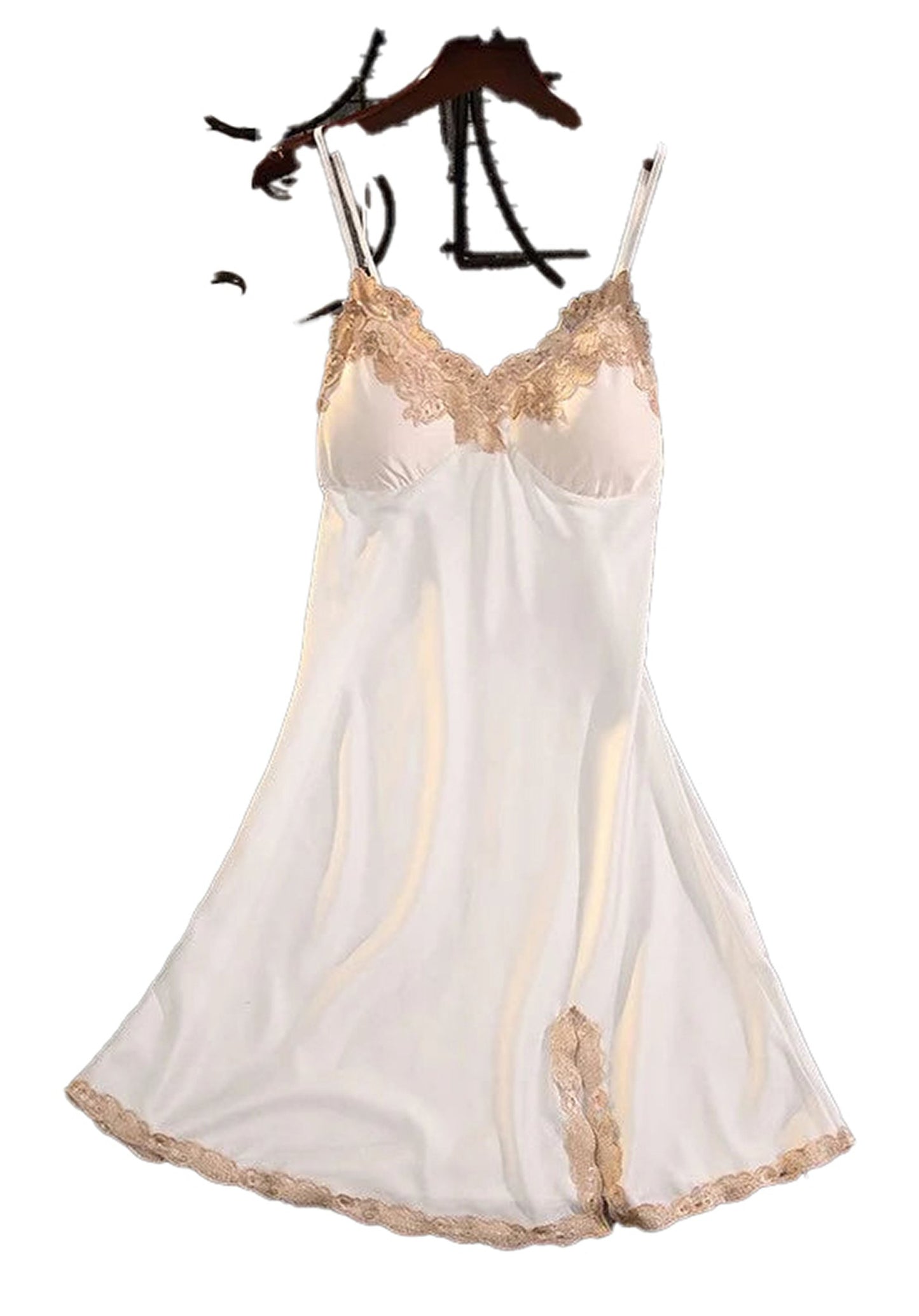 Elegant white satin suspender nightdress for women featuring lace detailing and adjustable straps