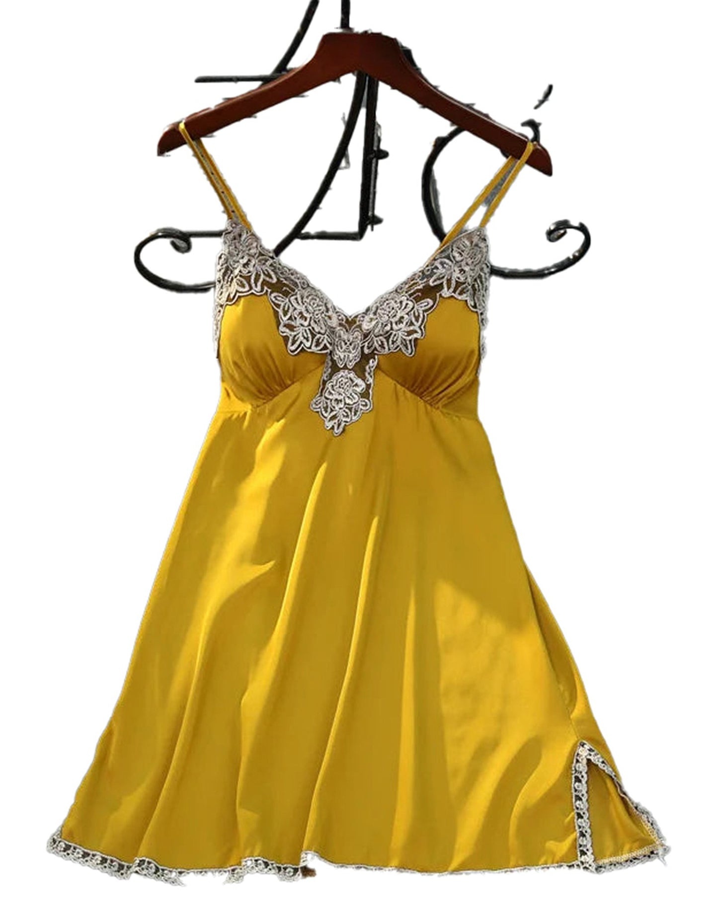 Yellow satin suspender nightdress for women featuring lace details and a flirtatious cut