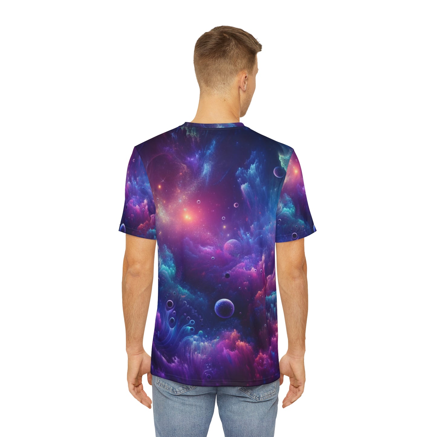 Back view of a man wearing LuckeLadybug sci-fi abstract graphic tee with galaxy and planets design