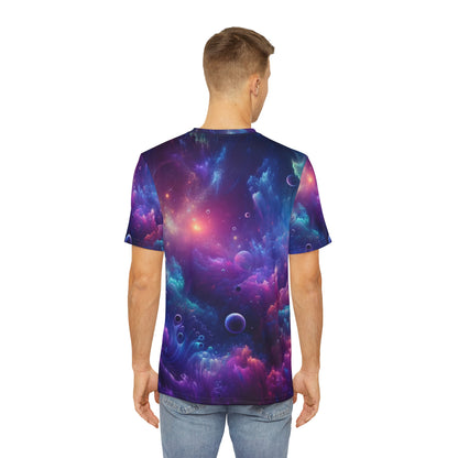 Back view of a man wearing LuckeLadybug sci-fi abstract graphic tee with galaxy and planets design