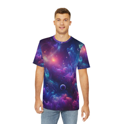LuckeLadybug sci-fi abstract graphic tee with vibrant cosmic space design worn by male model