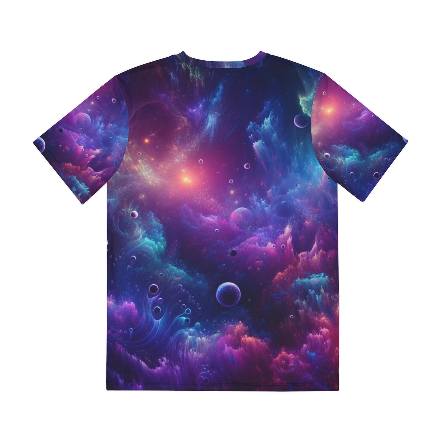 LuckeLadybug sci-fi abstract graphic tee with vibrant cosmic space design in purple and blue hues