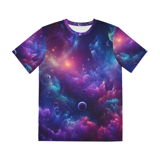 LuckeLadybug sci-fi abstract graphic tee with vibrant cosmic space and nebula design