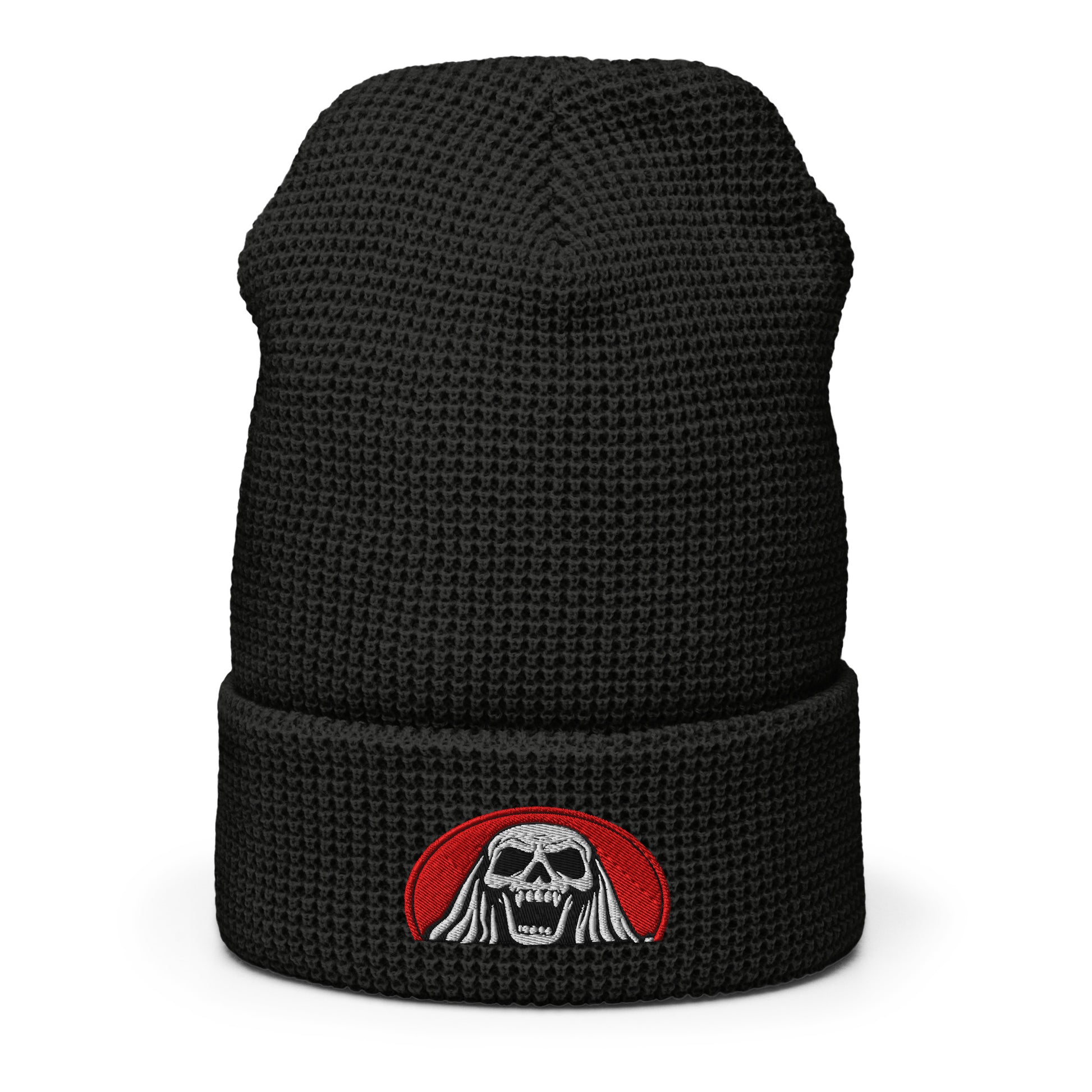 LuckLadybug Scream Queen black knit hat waffle beanie with skull design on cuff