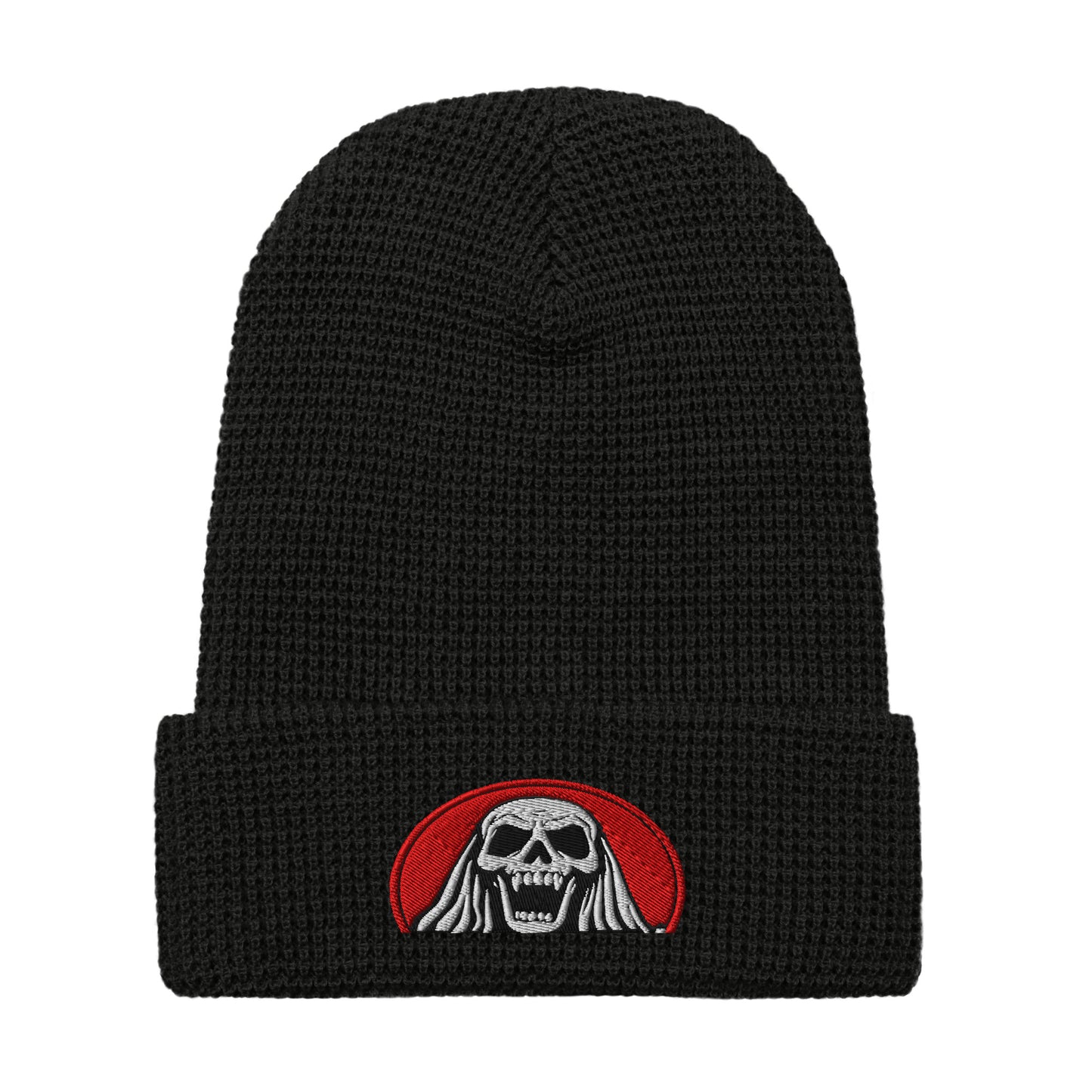 LuckeLadybug Scream Queen black knit hat waffle beanie with skull design on cuff