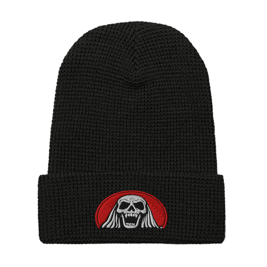 LuckeLadybug Scream Queen black knit hat waffle beanie with skull design on cuff