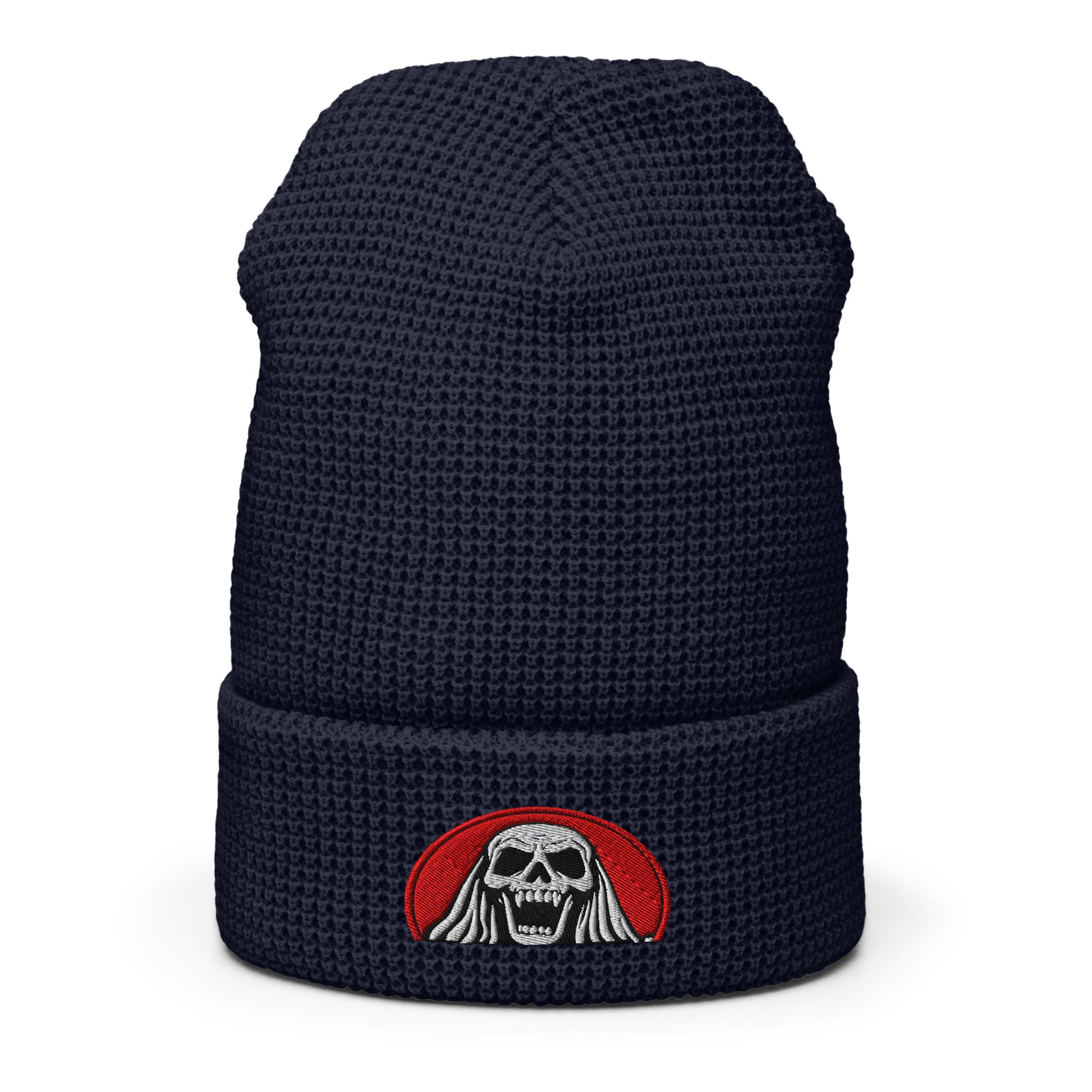 LuckeLadybug Scream Queen black knit hat with skull patch on black waffle beanie