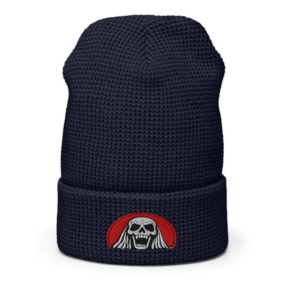 LuckeLadybug Scream Queen black knit hat with skull patch on black waffle beanie