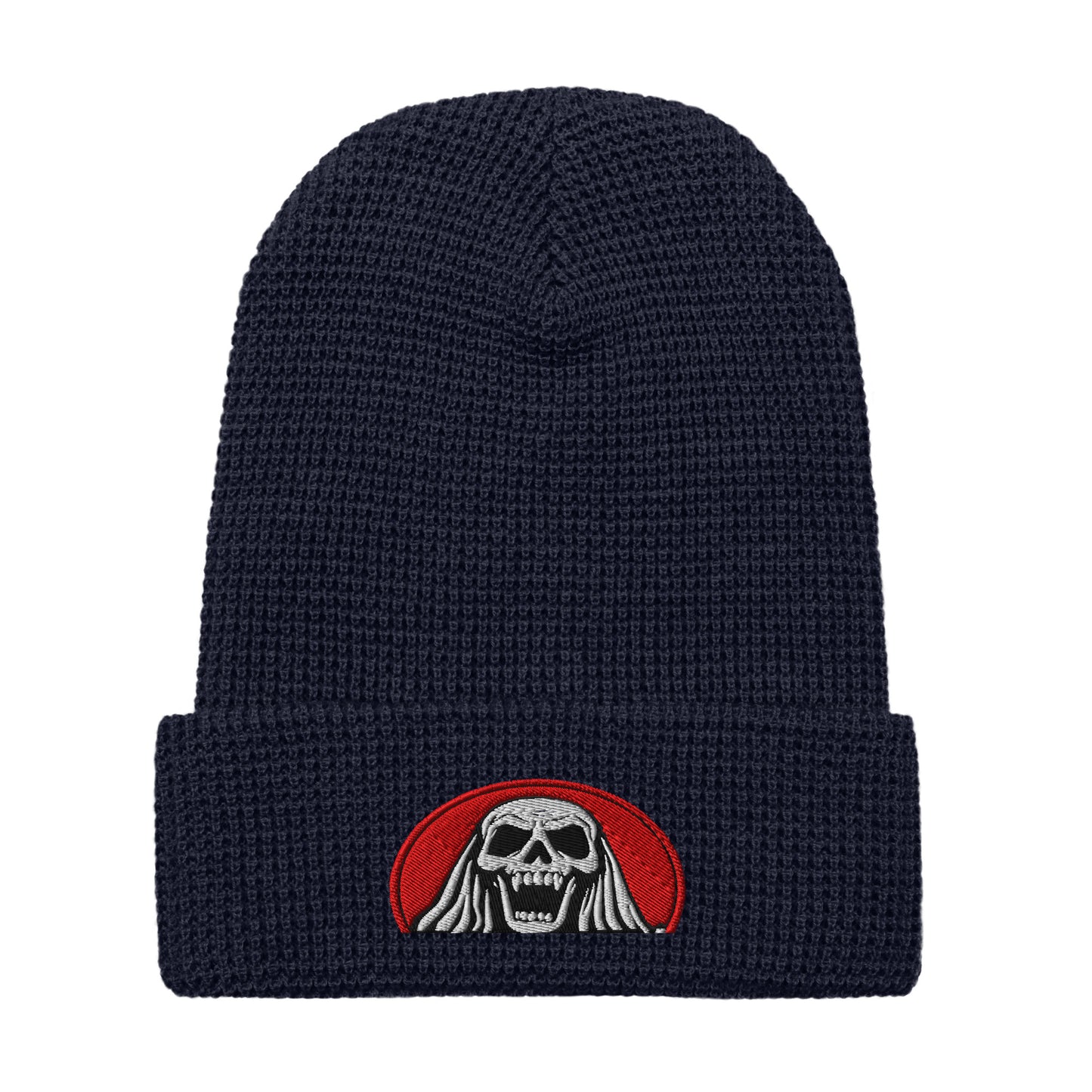 Scream Queen black knit hat waffle beanie with skull design by LuckeLadybug