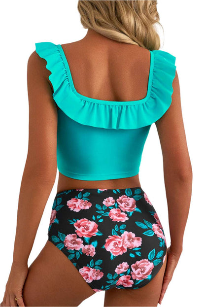Sea green ruffle bikini set with floral high-waisted bottoms by LuckeLadybug LLC