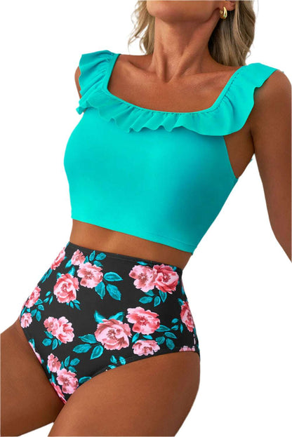 Sea green ruffle bikini set with floral high-waisted bottoms from LuckeLadybug LLC