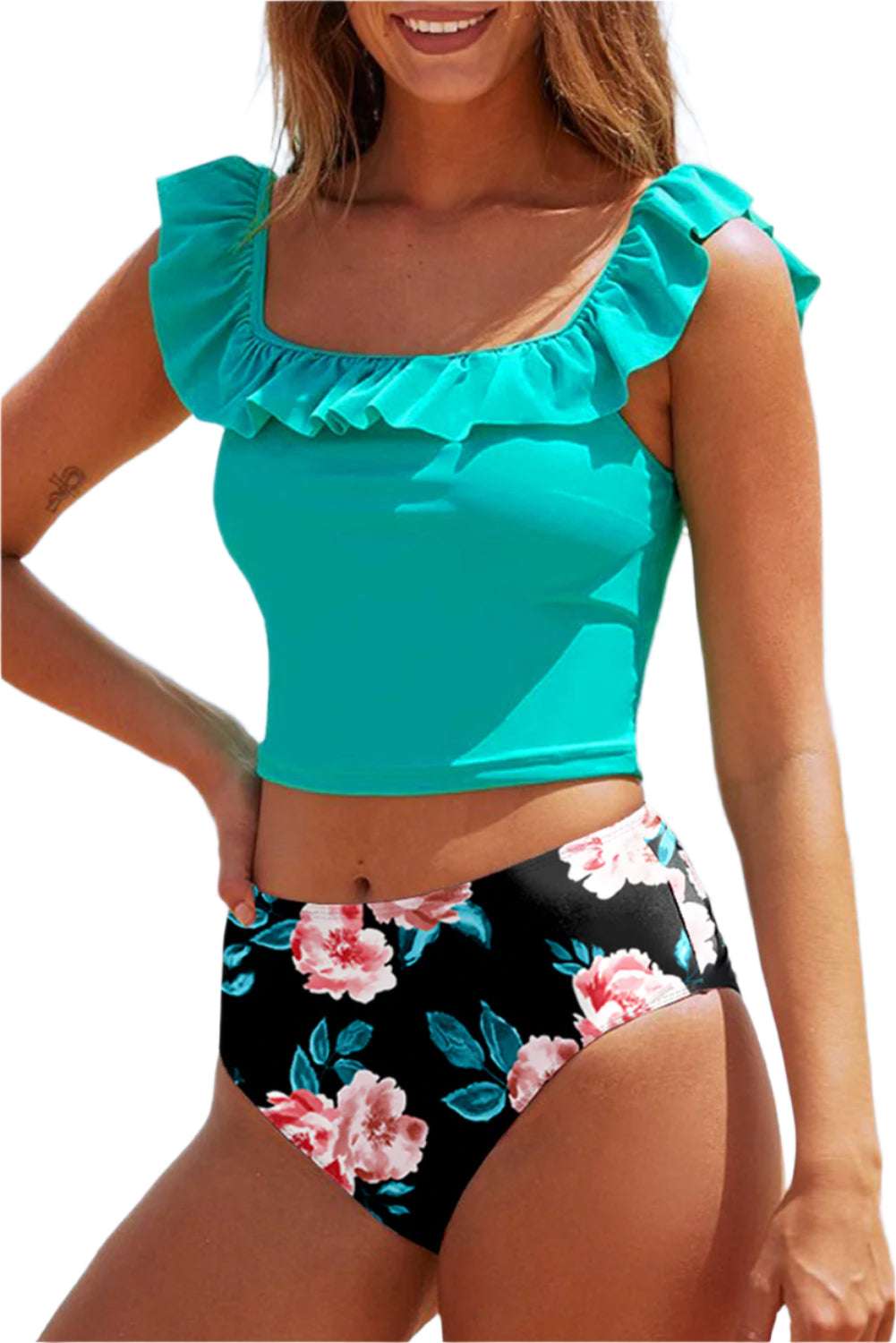 LuckeLadybug LLC sea green ruffle bikini set with floral high-waisted bottoms and ruffled top