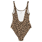 LuckeLadybug leopard print one-piece swimsuit with deep scoop front and high cut leg in tan black spots