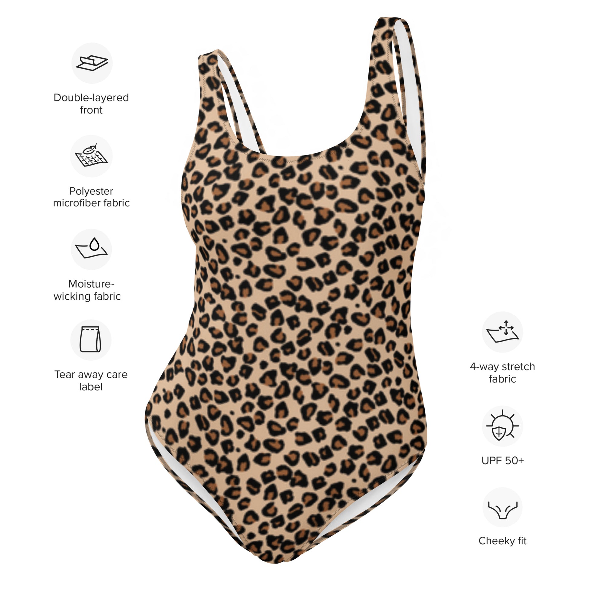 LuckeLadybug leopard print one-piece swimsuit with scoop neck medium straps cheeky fit and four way stretch fabric