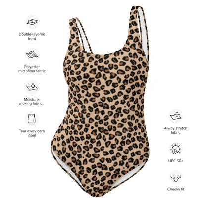 LuckeLadybug leopard print one-piece swimsuit with scoop neck medium straps cheeky fit and four way stretch fabric