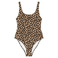 LuckeLadybug leopard print one-piece swimsuit with scoop neck and high cut leg in tan and black