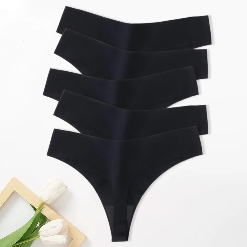 Set of five black seamless thongs for women, designed for comfort and a smooth fit under clothing