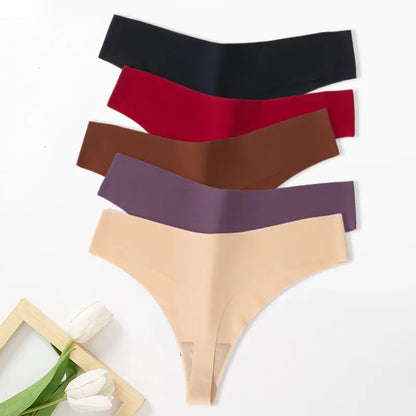 Set of seamless thongs for women in various colors including black, red, beige, and brown