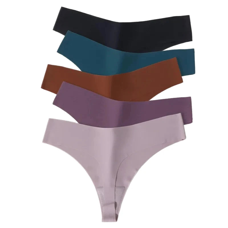 Set of seamless thongs for women in assorted colors including black, teal, brown, purple, and light pink