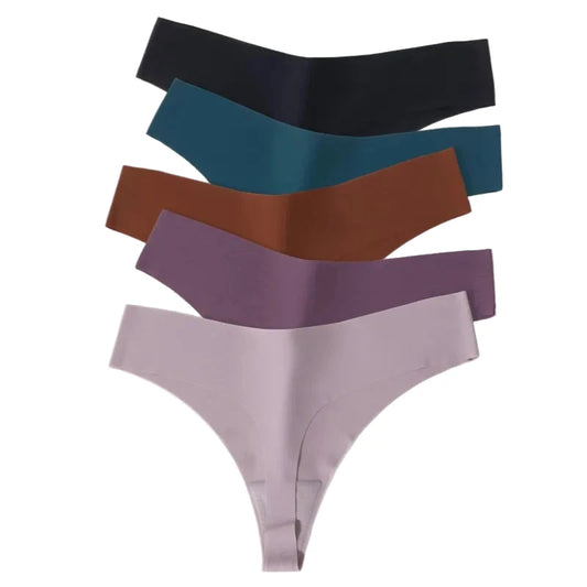 Set of seamless thongs for women in assorted colors including black, teal, brown, purple, and light pink