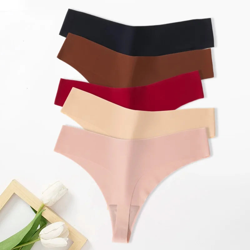Variety of seamless thongs for women in five colors showing smooth fabric and comfortable fit