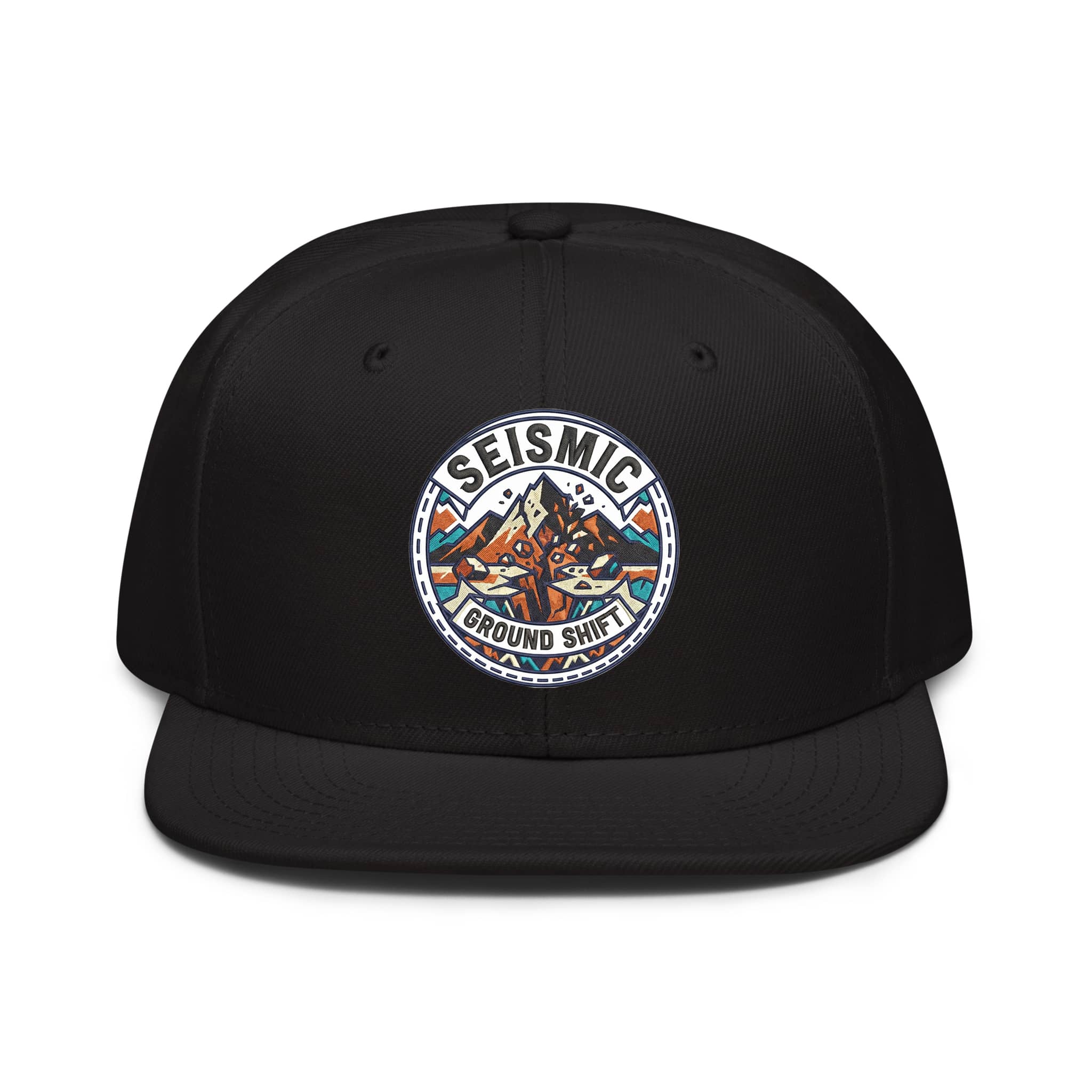 LuckeLadybug LLC Seismic Ground Shift Hat Snapback in Black with Colorful Mountain Design