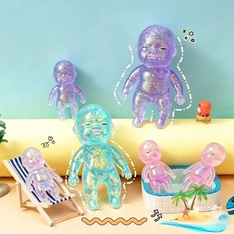 LuckeLadybug sensory fidget toy collection featuring colorful squishy baby dolls in various sizes