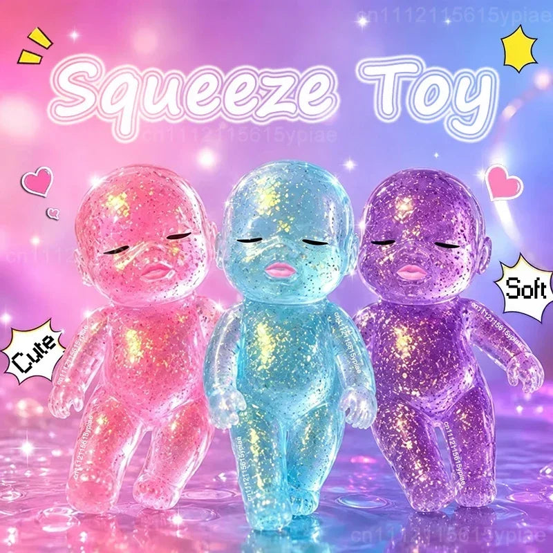 Colorful squeeze toys in pink, blue, and purple, designed as sensory fidget toys for stress relief