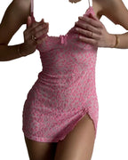 Pink Leopard Print Sensual Lace Babydoll Dress with Adjustable Straps and Side Slit