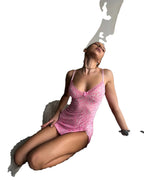 LuckeLadybug LLC Sensual lace babydoll dress in pink with leopard print design and delicate details