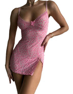 Pink leopard print sensual lace babydoll dress with adjustable straps and side slit