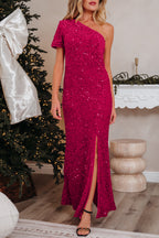 Elegant magenta gown with sequin for dress and thigh-high slit, perfect for formal occasions