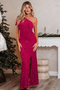 Elegant LuckeLadybug LLC one-shoulder dress with vibrant pink sequin for dress and a stylish slit